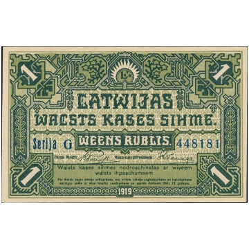 Latvia, 1 Rublis 1919, Serija G 448181 WB10925
