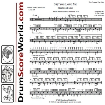 Fleetwood Mac - Say You Love Me - Drum Sheet - Dru