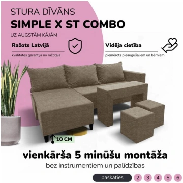 Stūra izvelkamais dīvāns ar galdiņu un pufiem St C