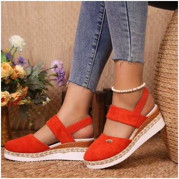 Espadrille Wedge Sandals with Ankle Strap - Orange