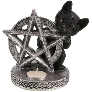 Gothic Tea Light Holder Cat & Pentagram - Black Po