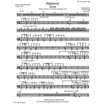 Kiesza - Hideaway - Drum Sheet - Drum Score - Drum
