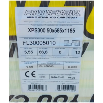 50x585x1185mm Finnfoam FL300 ekstrudētais putuplas