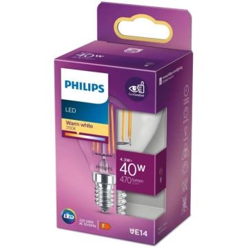 PHILIPS LED stikla 40W P45 E14 Silti balta 2700K c