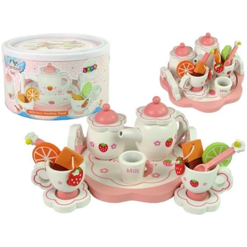 Wooden Tea Set Pink Flowers Pitcher Tray