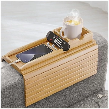 Bamboo Sofa Armrest Tray with Removable Cup Holder